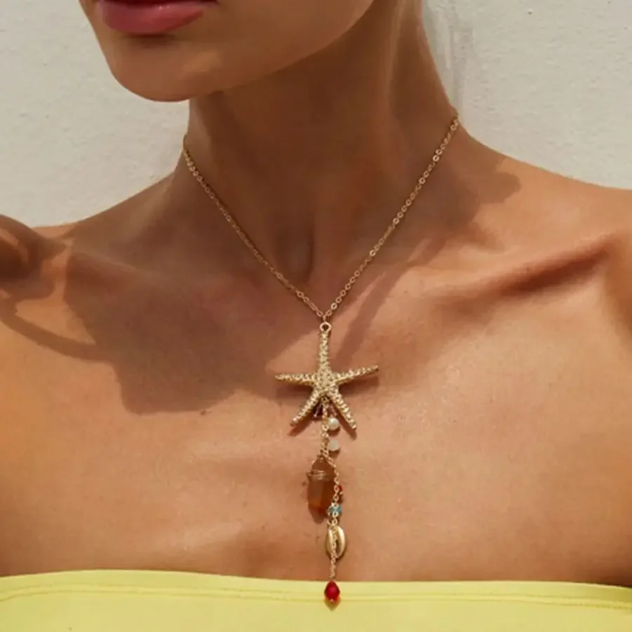 

Bohemia Starfish Scallop Crystal Long Tassel Pendant Necklace For Women Summer Beach Vacation Charm Jewelry Accessories