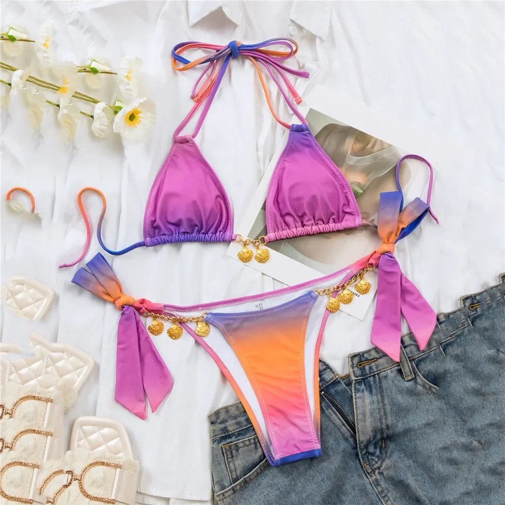 Conjuntos de Bikinis triangulares con cordón y cuello Halter para mujer, trajes de baño sexys con cadena de concha de Metal, traje de baño anudado, color morado degradado, 2025