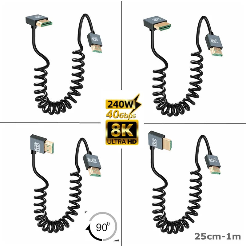 8K Right Angle HDMI-compatible Coiled Cable 2.2FT, 90 Degree Spring Spiral K@60Hz,48Gbps,for Camera/TV/Capture Cards/Tablet