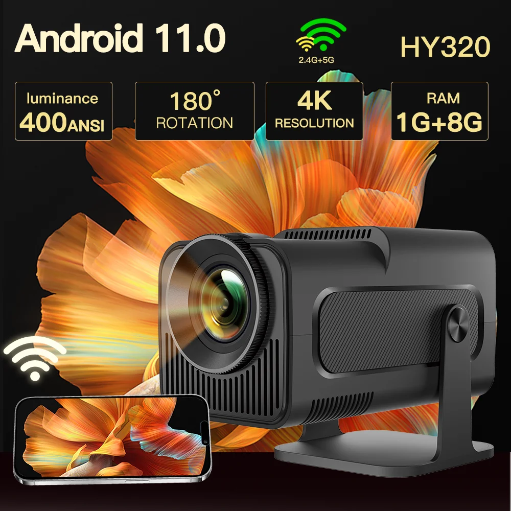 Proyector Hy300 4K 1920x1080P LYNCAST Dual Wifi6 BT5.0 Android 11 400ANSI Home Cinema MINI portátil HY320 Beam Project