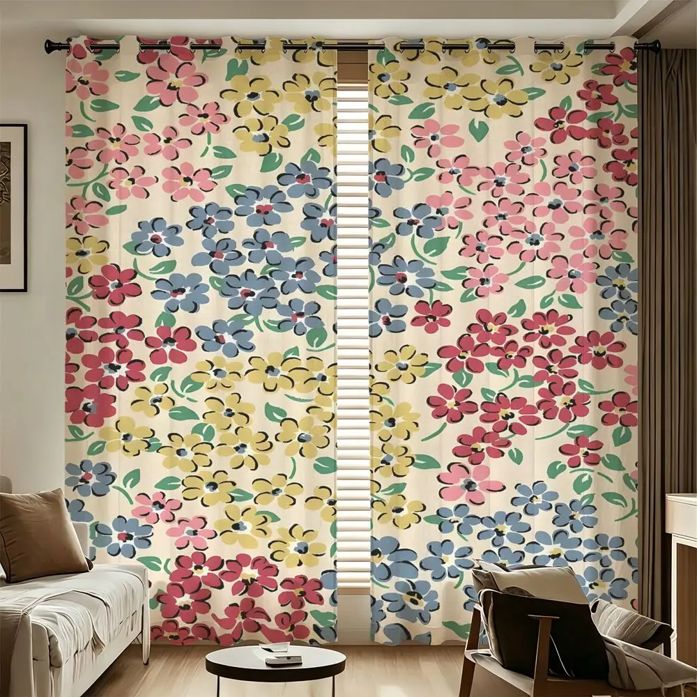 2 Panels Vintage Floral Printed Curtains Colorful Small Flower Pattern Window Drapes For Bedroom Living Room Home Decor