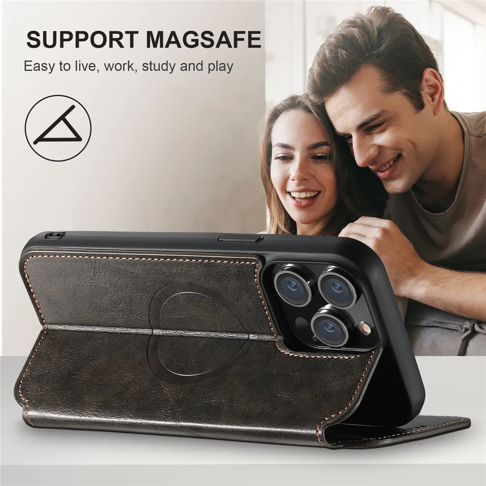 Magnetyczne etui portfel ze skóry z funkcją ładowania bezprzewodowego do iPhone'a 17 16 15 14 Pro Max 13 12 z podpórką i przegródkami na karty, kompatybilne z MagSafe — zdjęcie produktu 3