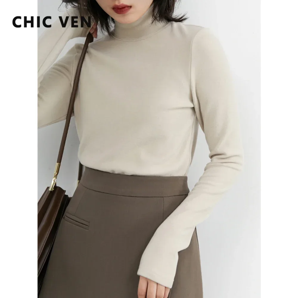 CHIC VEN Women Sweatshirt Turtleneck Pullovers Casual Solid Dralon Warm Bottom Blouse Office Lady Tops Autumn Winter 2023