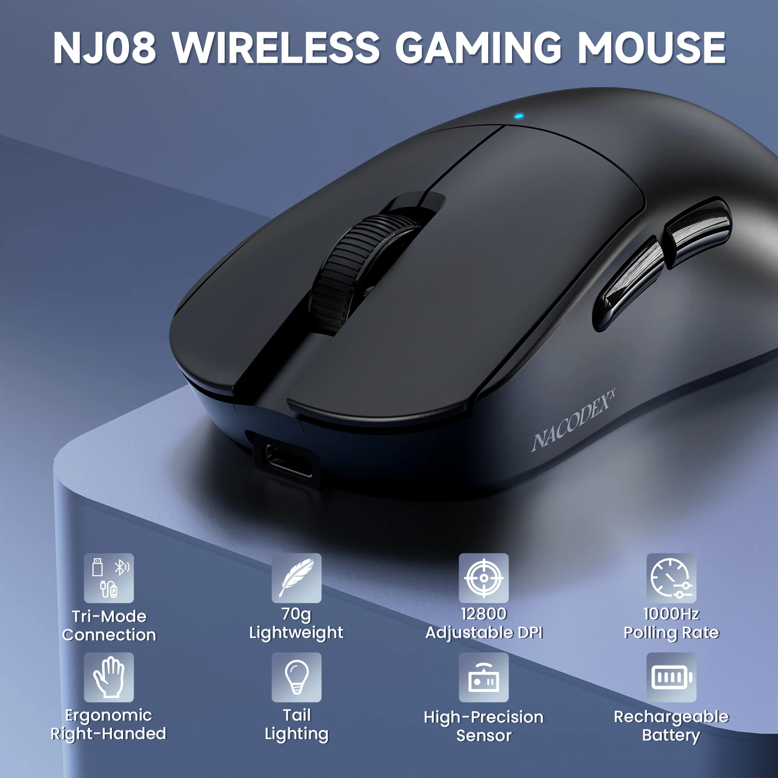 AJAZZ NJ08 Tri-Mode Wireless Gaming Mouse, 1000Hz 70g Lightweight, Medium-Large Ergonomic PC Mouse, 12800 DPI 6 Level Adjustable