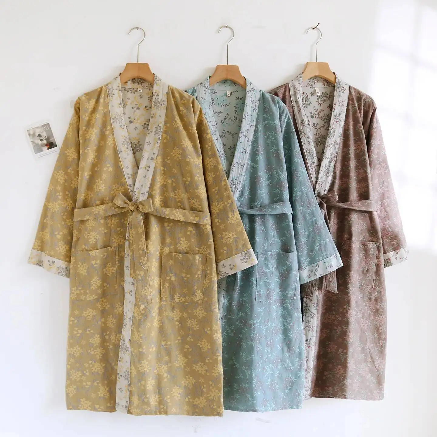 

Cotton Kimono Robes With Belt Double Pockets Fashionable Floral Printed Pamas Clothes For Women Spring And Autumn