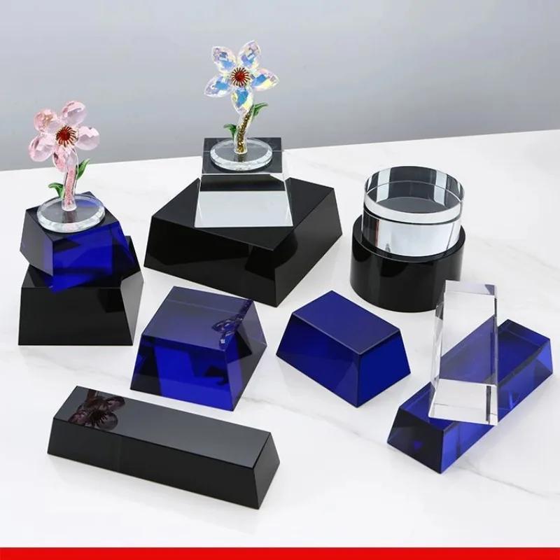 قاعدة زجاجية كريستالية شفافة، قاعدة مستطيلة شبه منحرفة سوداء، مجوهرات مصنوعة يدويًا، رف عرض لتخزين الخاتم