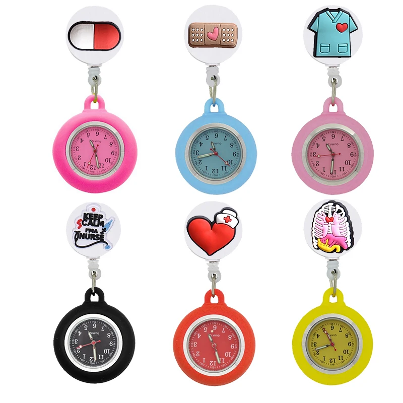 YiJia Luminous Pointer Pocket Watch for Nurse Retractable Badge Reel Cartoon Clip Medical Reloj with Silicone Case