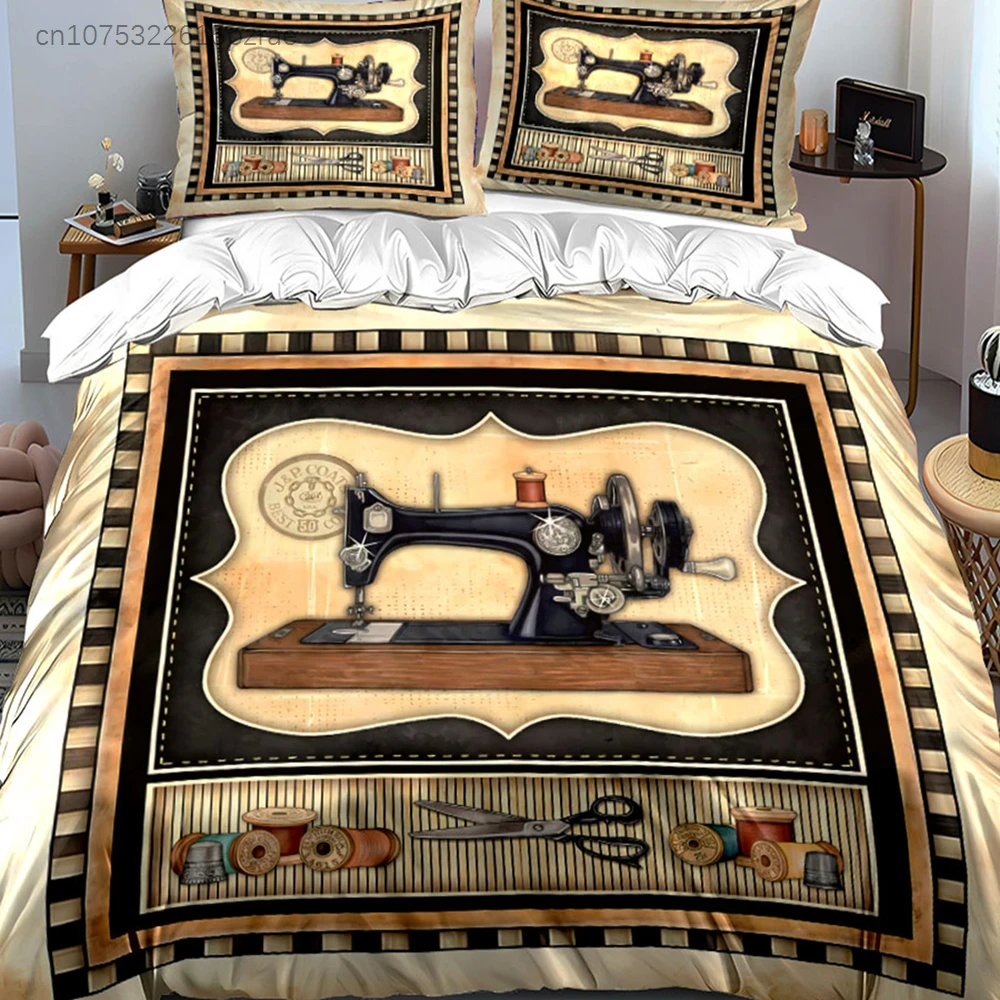 3Pcs Vintage Sewing Machine Bedding Set, Retro Craft Room Print Duvet Cover Set, Antique Tailor Tools Pattern For Sewing Lovers