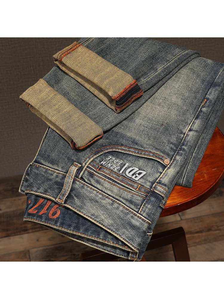 Celana Jeans Retro Amerika Kelas Atas Desain Bordir Pria Model Distressed Stretch Straight Panjang