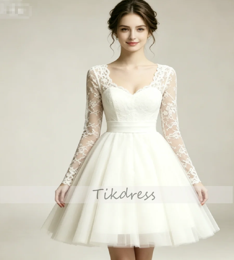 Chic Mini Short Wedding Dress 2026 White A Line Tulle Boho Civil Bride Dresses With Lace Long Sleeve Elegant Beach Garden Bodas