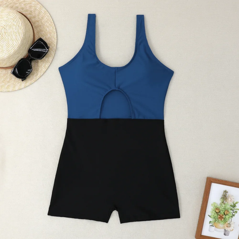 2022 New Solid Color Contrast Boxer Cut-out One-piece Swimsuit Bikini