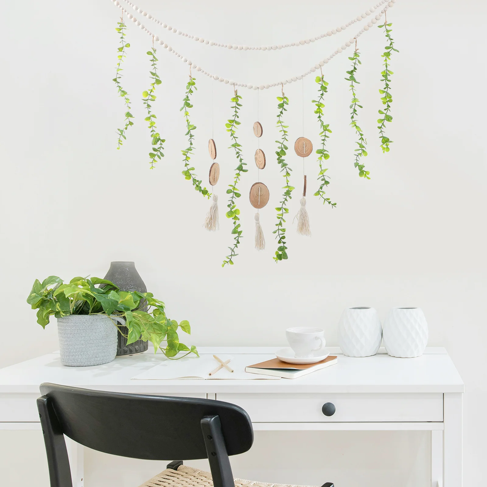 معلقة عرض الصور جدار ديكور بوهو الخرز الخشبي جارلاند حامل الصورة لغرفة النوم غرفة المعيشة تخزين مكرميه ريفي مثالي