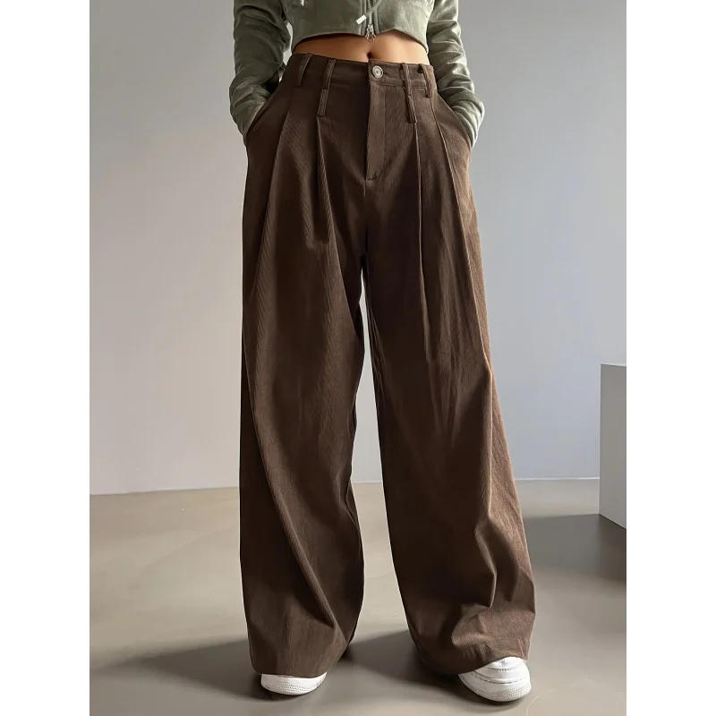 Vintage Brown Corduroy Wide-Leg Pants for Women, High-Waisted Pleated Trousers with Slimming Effect for Autumn