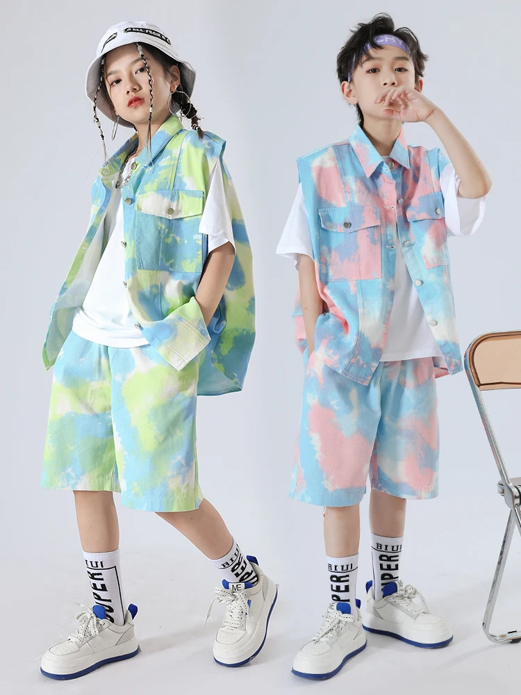 Fashion Kids Costume Hip Hop Clothing Girls Boys Loose Vest Shorts Tie-dye Suit Jazz Dance Performance Outfits Stage Wear L10821