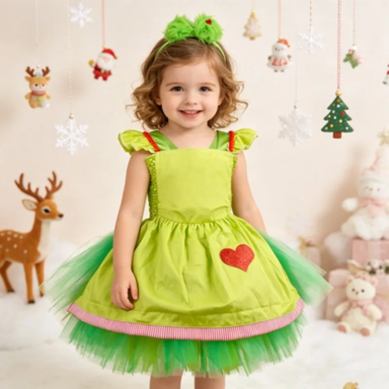 New Arrival Kids' Green Cartoon Mesh Dress Christmas Set, Children's Holiday Party Gown, Halloween Stage Performance Clothing