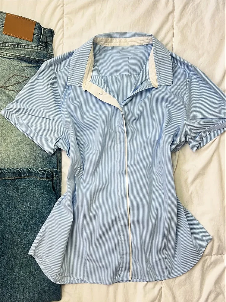 

Original Qianyue Weiyun American Retro Blue Striped irt Slimming Waist Design Versatile Sle Cotton Blend Summer Top for W...