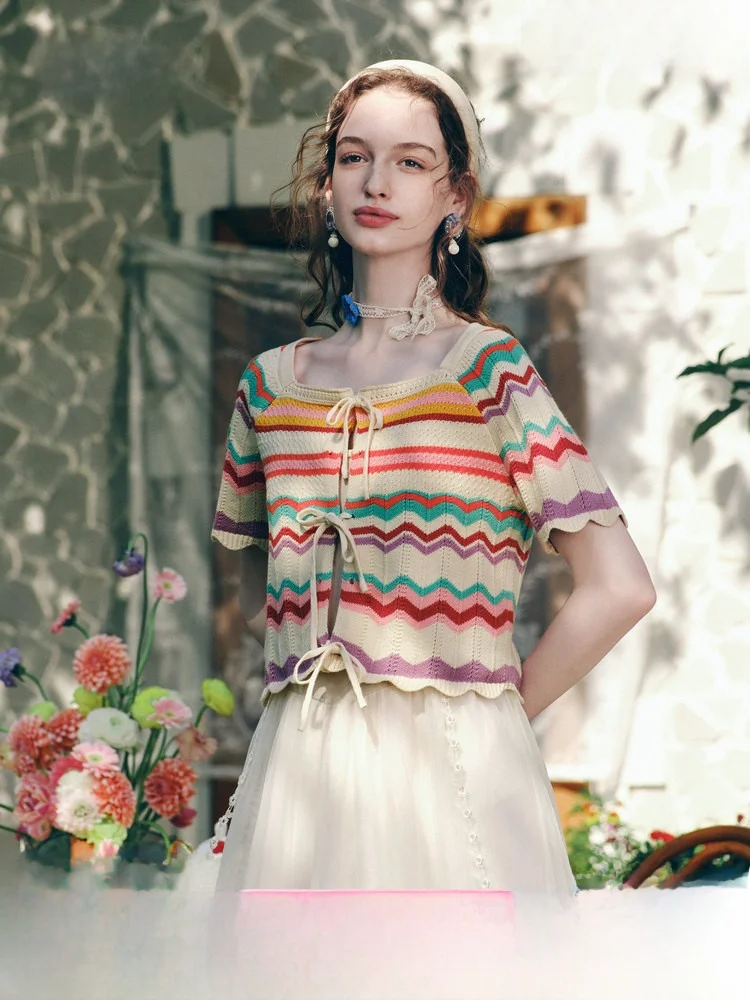 

Soft Wind Rainbow Wave Knitted Cardigan Women's Style Spring 2026 New Holiday Trendy Cotton Blend Short Sleeve Open Cardigan