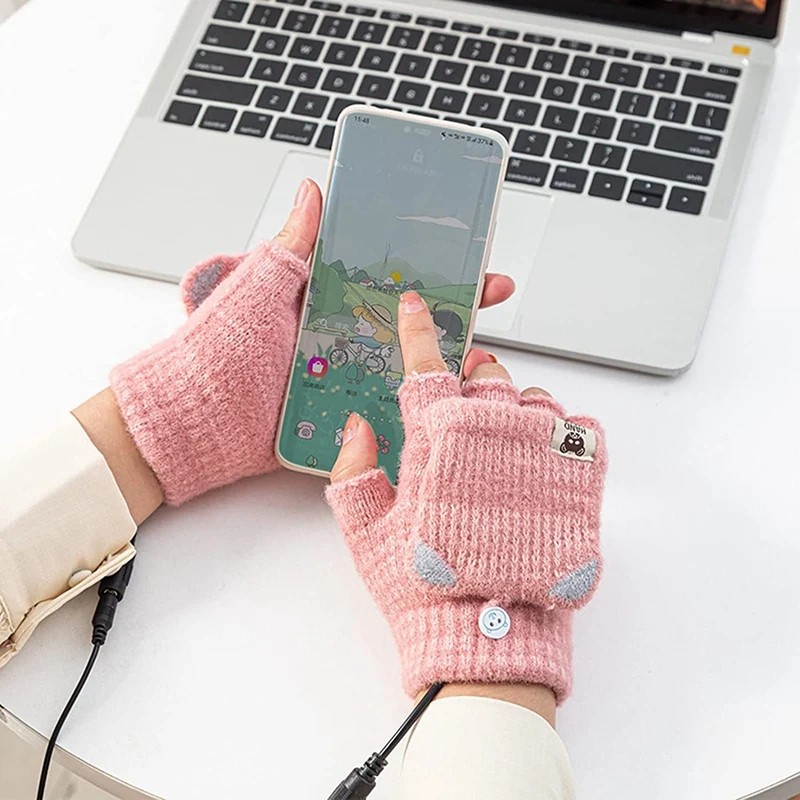 USB Heated Gloves Winter Women Knitted Electric Heated Gloves Washable for Indoor or Outdoor Warm Mitten