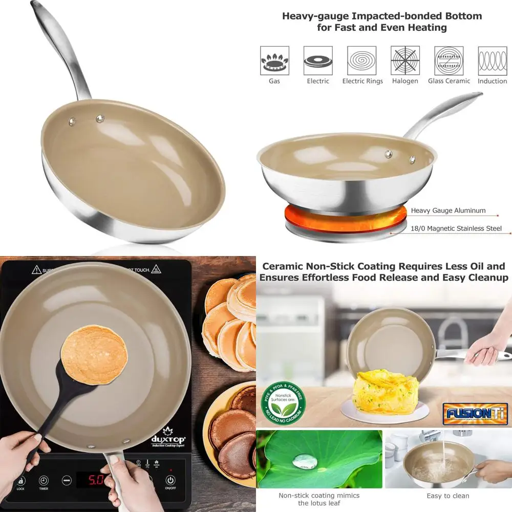 

Сковорода с антипригарным покрытием Ceic, индукционная сковорода из нержавеющей стали, 9,5-дюймовая сковорода для жарки с толстым дном, изготовленным методом ударного литья, USION Ti