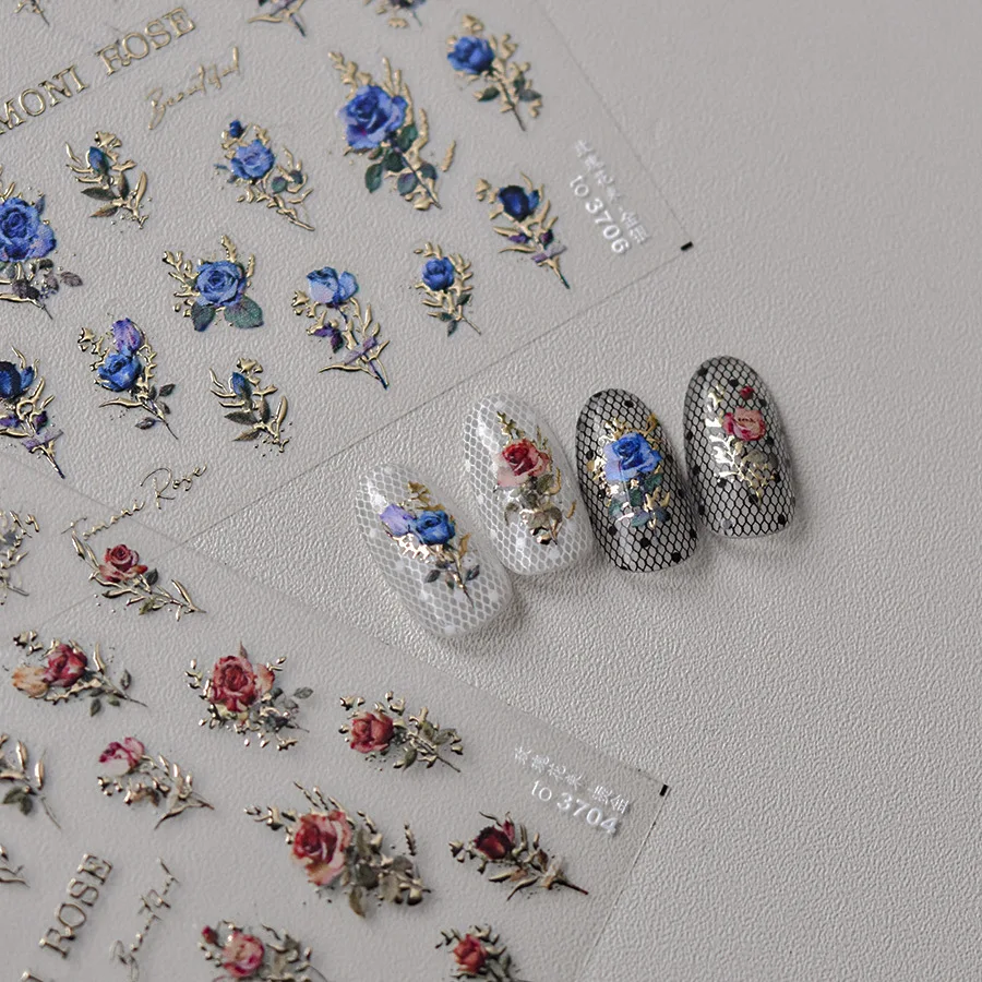 Vintage Red & Blue Rose Flower Laser Gold Silver Nail Stickers Nail Art Decal Design Manicure Tool High Quality