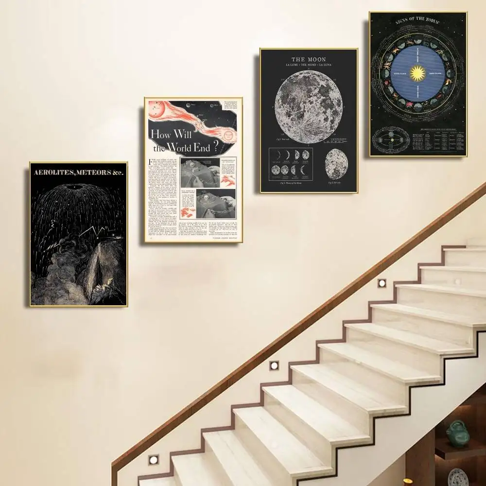 Vintage Astronomy Paper Poster Black White Moon Phase Zodiac Meteor Planet Orbit Wall Print for Bedroom Study Library Home Decor