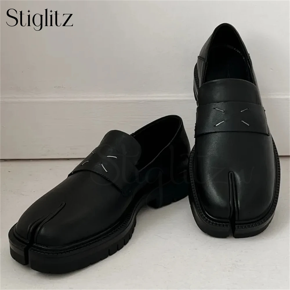 White Lines Split Toe Loafers Platform Tabi Slip-On Loafers Black Leather Designer Style Casual Shoes for Men Hot Sale in Stock