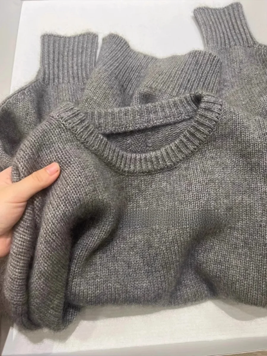 

Loose Thickened Knitted Sweater Women's Autumn Winter round Neck Pullover Warm Top Grey High Quality Comfortable Fashionable