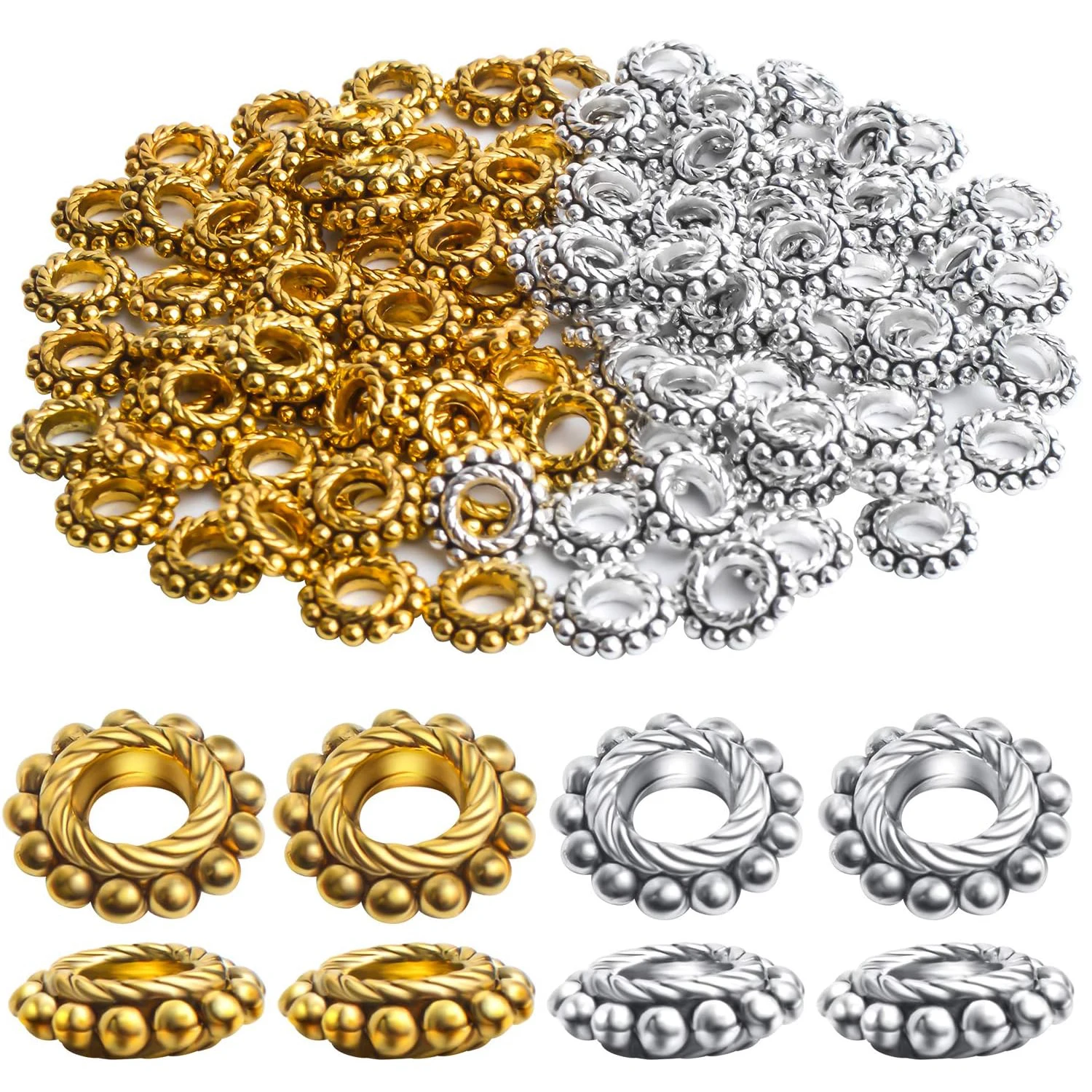 

100pcs Alloy 8mm Spacer Beads - Jewelry Spacer Beads with A Box for DIY Bracelet Making (Antique Silver and Antique Gold)