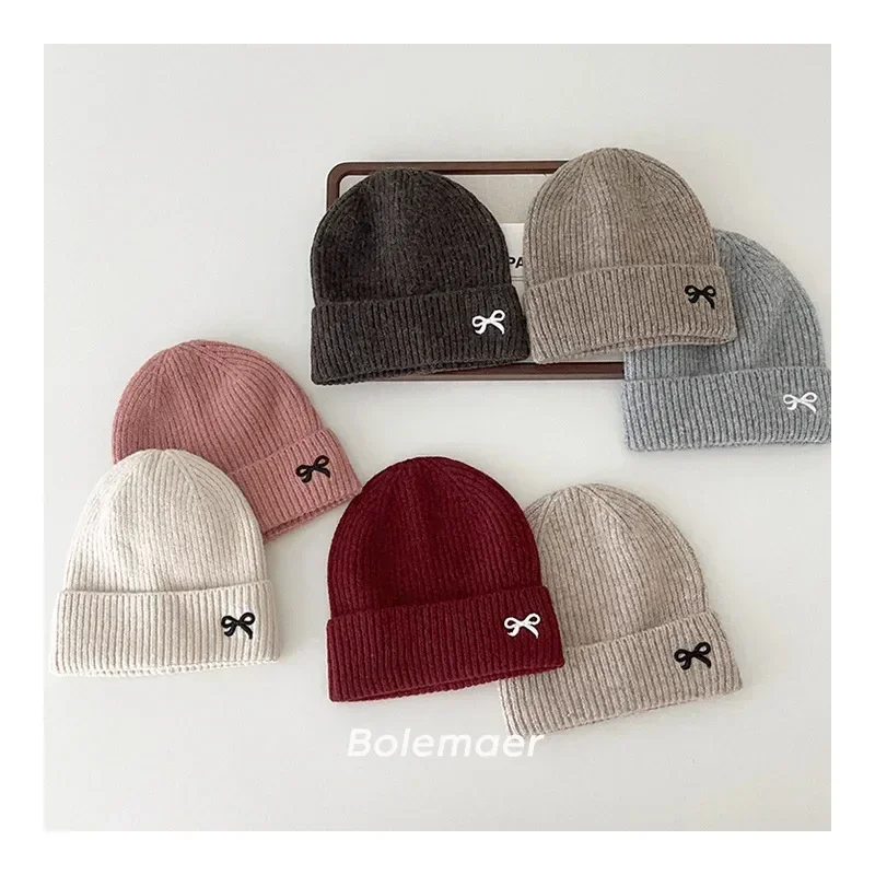 1 Piece 2024 New Fashion Knitted Hat for Kids Girl Sweet Embroidery Bow Kids Girl Beanie Cute Autumn Winter Warm Elastic Hat