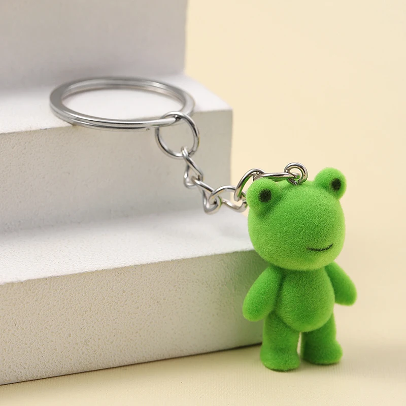 7Styles Cartoon Flocking Frog Keychain Cute Flocked Little Frog Animal Keyring Bag Pendant Backpack Charms Car Decor Accessories