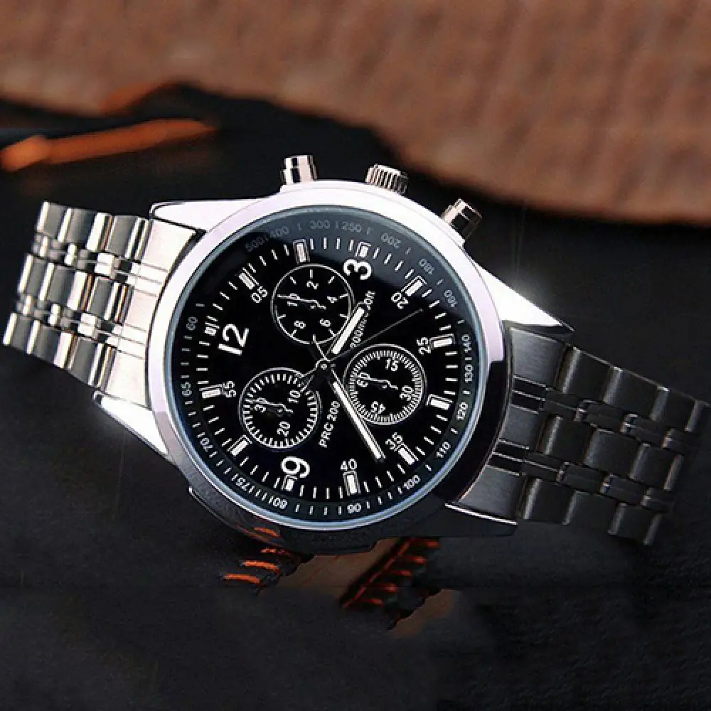 Men Fashion Stainless Steel Glow in The Dark Pointer Blue Ray Glass Wrist Watch