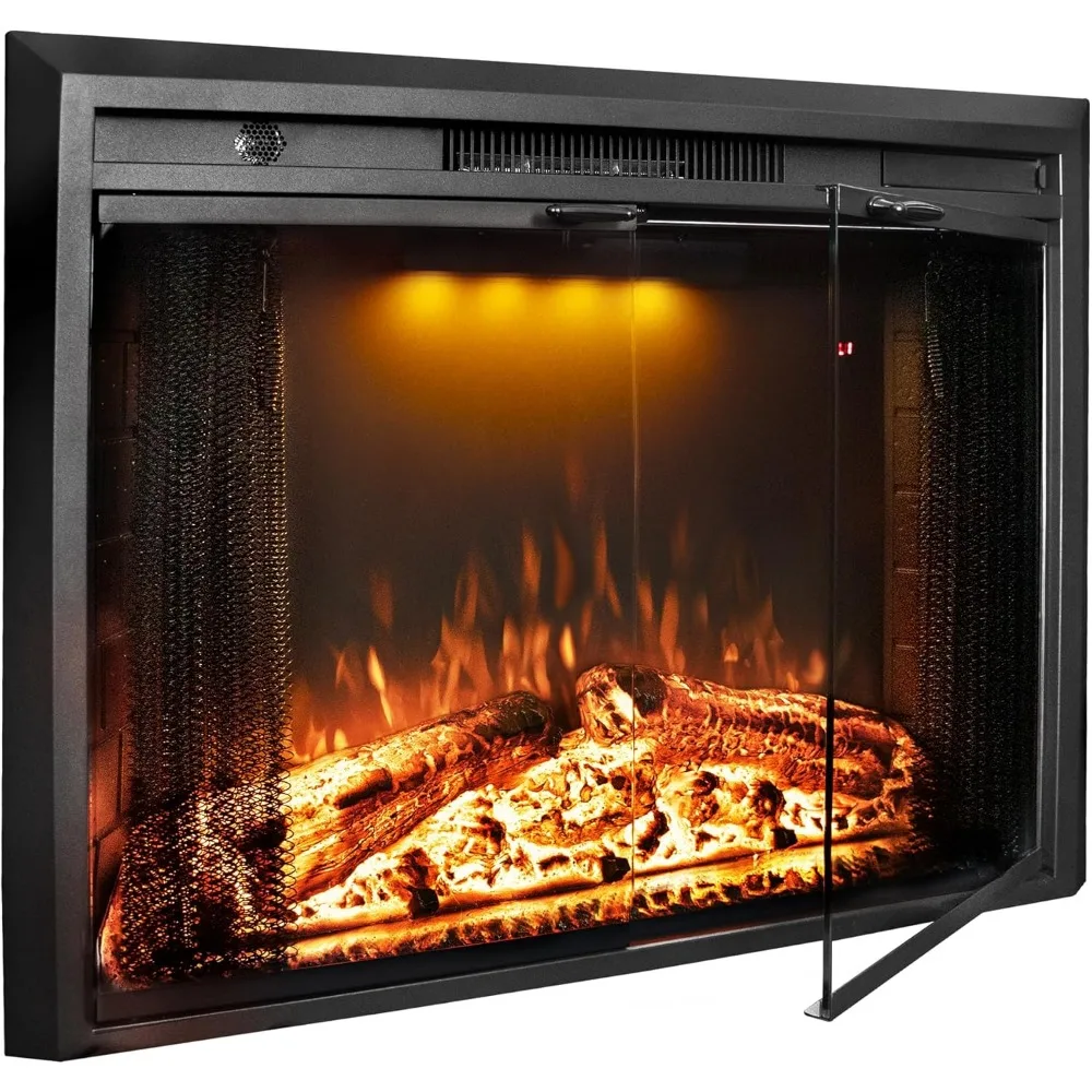 

36 Electric Recessed Fireplace Heater with Adjustable Flame, Top Light Colors, and Fire Crackling Sound