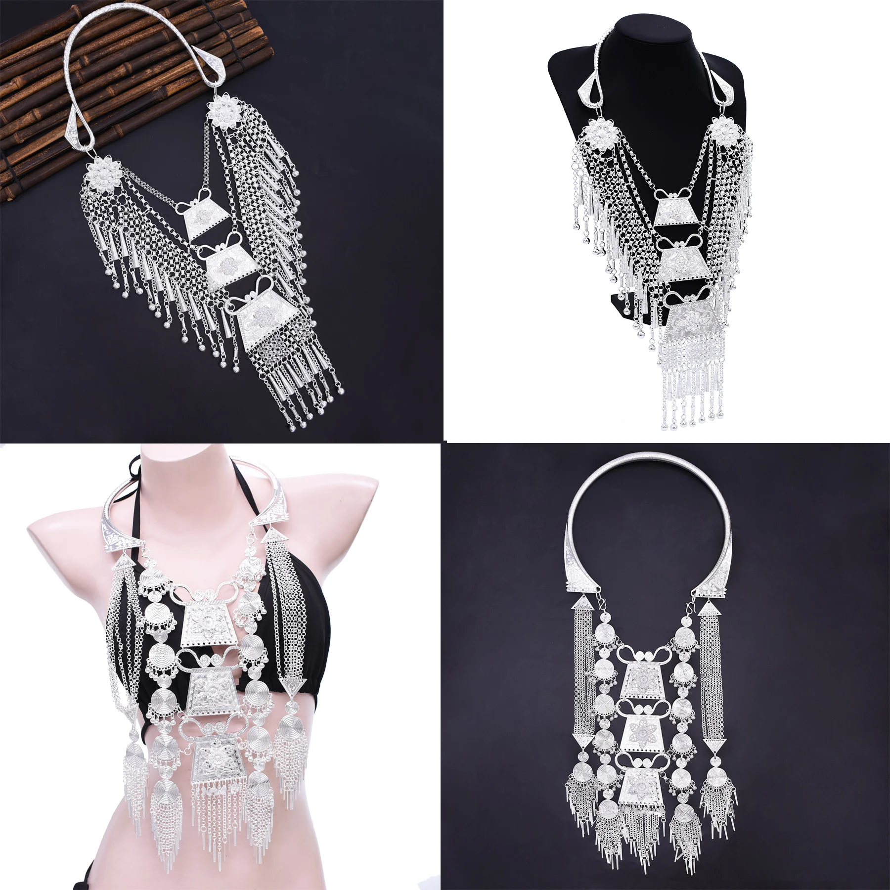 Silver Plated Heavy Tassel Large Pendant Necklace for Women Traditional Miao Ethnic Dance Party Photoshoot Cosplay Neck Jewelry