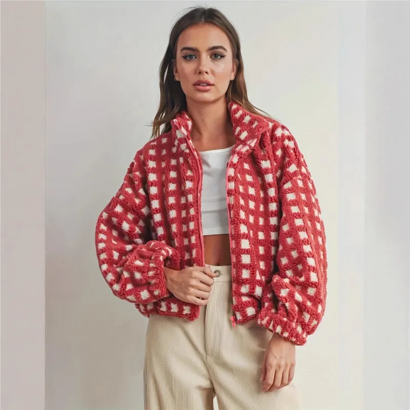 

Fashionable Red Plaid Plush Warm Coat 2025 Autumn And Winter Casual Zipper Cardigan Long-sleeved Loose Coat Trendy Street Style