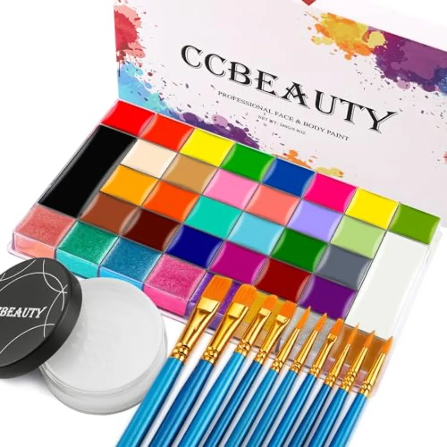 

36 Colors Face Body Paint Oil Based, Safe Neon Face Painting Palette Kit with Translucent Setting Powder, 10 Black Brushes for