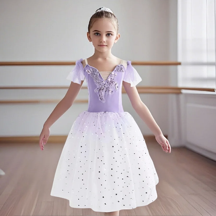 

Long Ballet Dress Soft tulle romantic YAGP Professional velvet green white Short sleeve girls Ballet Costume Napoli Competition