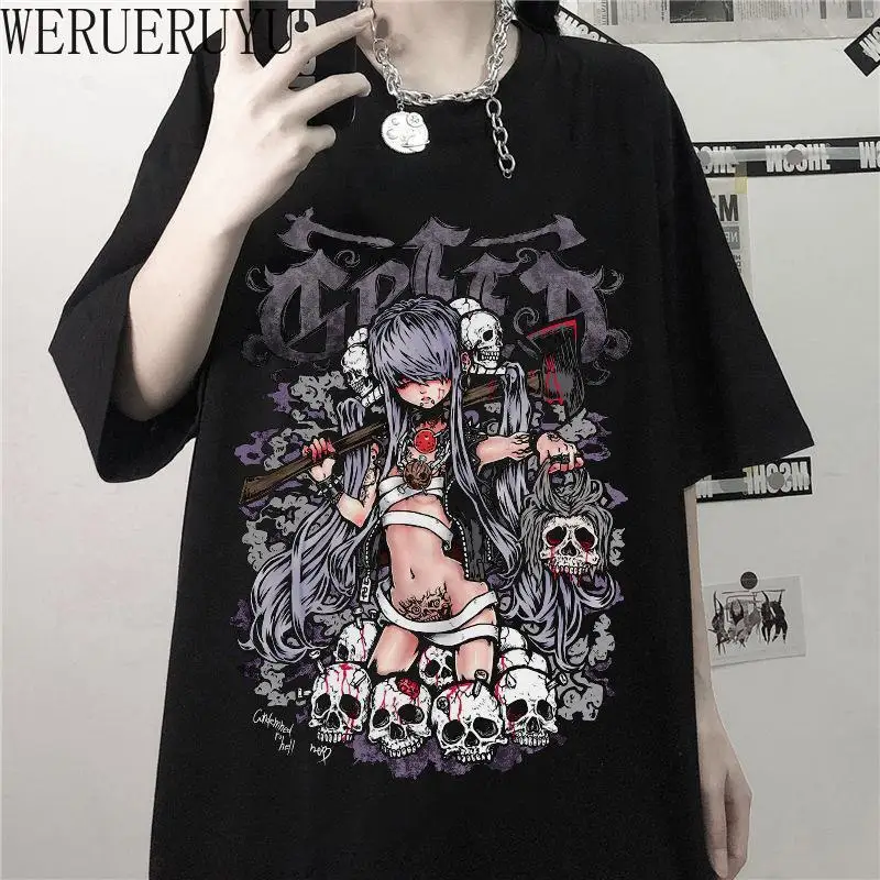 Camiseta estampada de Anime para mujer, Tops de manga corta Y2k, ropa estética, camisetas góticas de dibujos animados, Verano