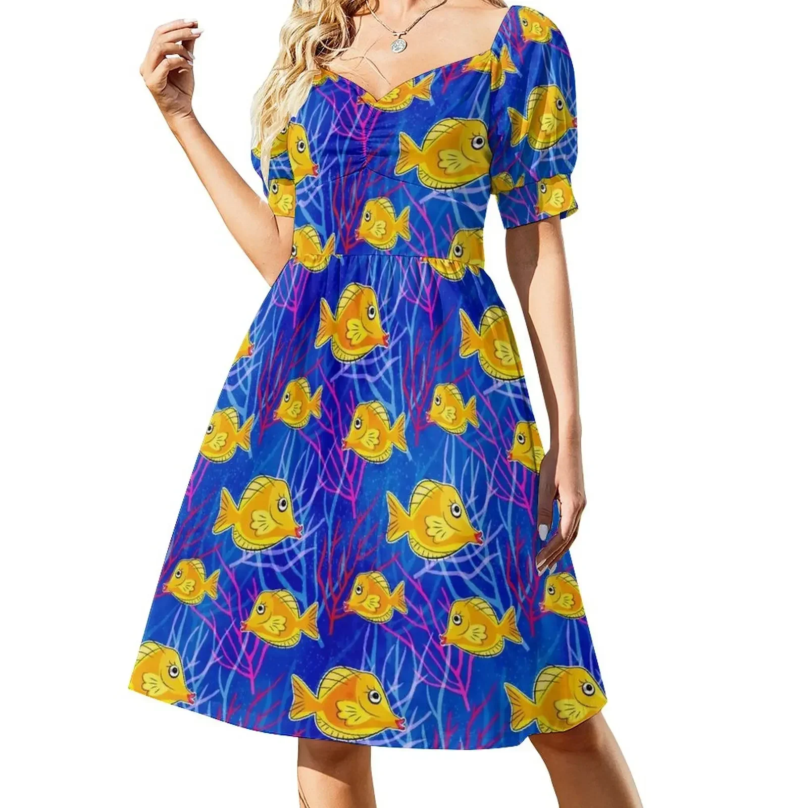 

Yellow Tang in the Deep Blue Sea Sleeveless Dress evening dress dress for woman Women long