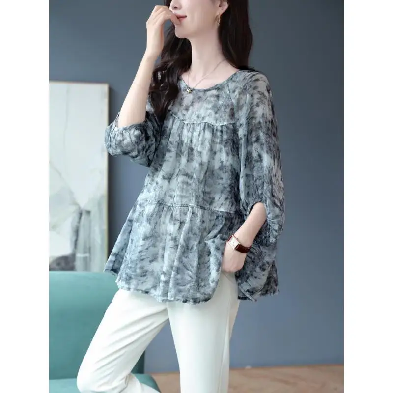 Vintage Printed Folds Lantern Sleeve Blouses Women\'s Clothing 2024 Spring Summer New Oversized Casual Tops Office Lady Shirts