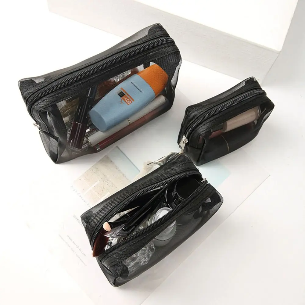 Solid Color Mesh Cosmetic Bag Large Capacity Storage Bag Transparent Makeup Bag Organizer Case Zipper for 3Pcs/Set