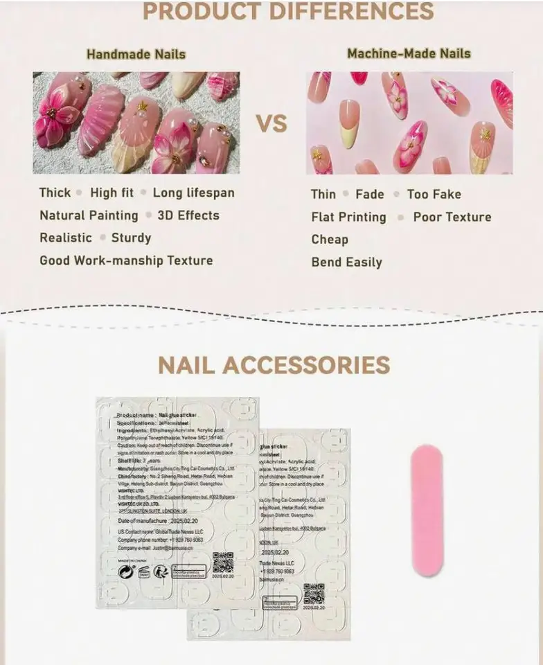 10 piezas de uñas postizas hechas a mano con flores 3D y cuentas doradas, color nude rosa, francesas, en forma de almendra, tallas M/S/XS, artificiales y reutilizables 6