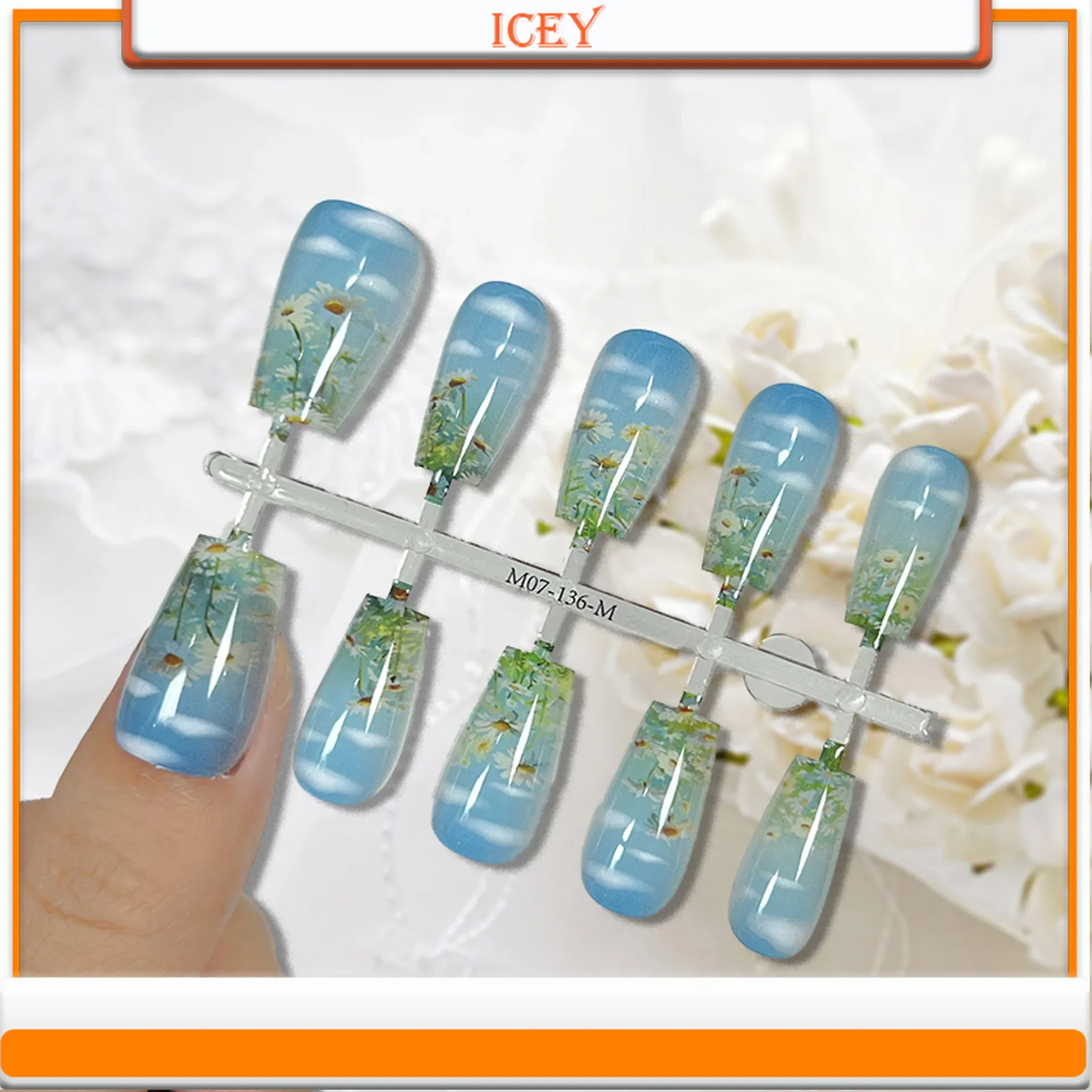 30pcs Beauty Press on Nails Chrysanthemum Sky Wearing Armor Oil Painting Finished Product with Seal Coat and Coding Armor Sheet