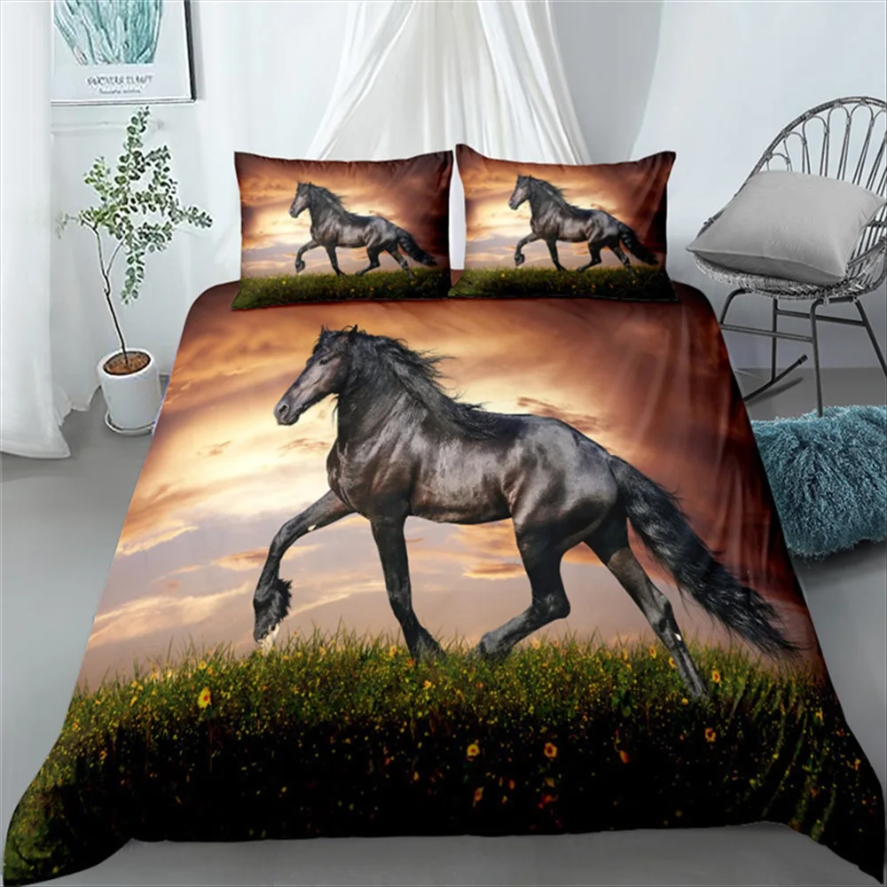 3D Running Horse Bedding Set King Queen Double Full Twin Single Size Bed Linen Set Pillowcase Adult Children to Decorate Home