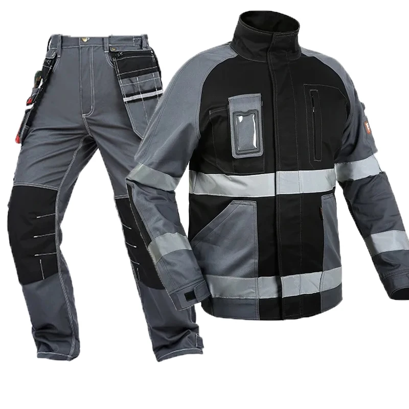 

100% Cotton Welding Suit Work Clothes For Men Multi Pocket Hi Vis Reflective Safety Work Clothing Electrical Uniform Repair Suit