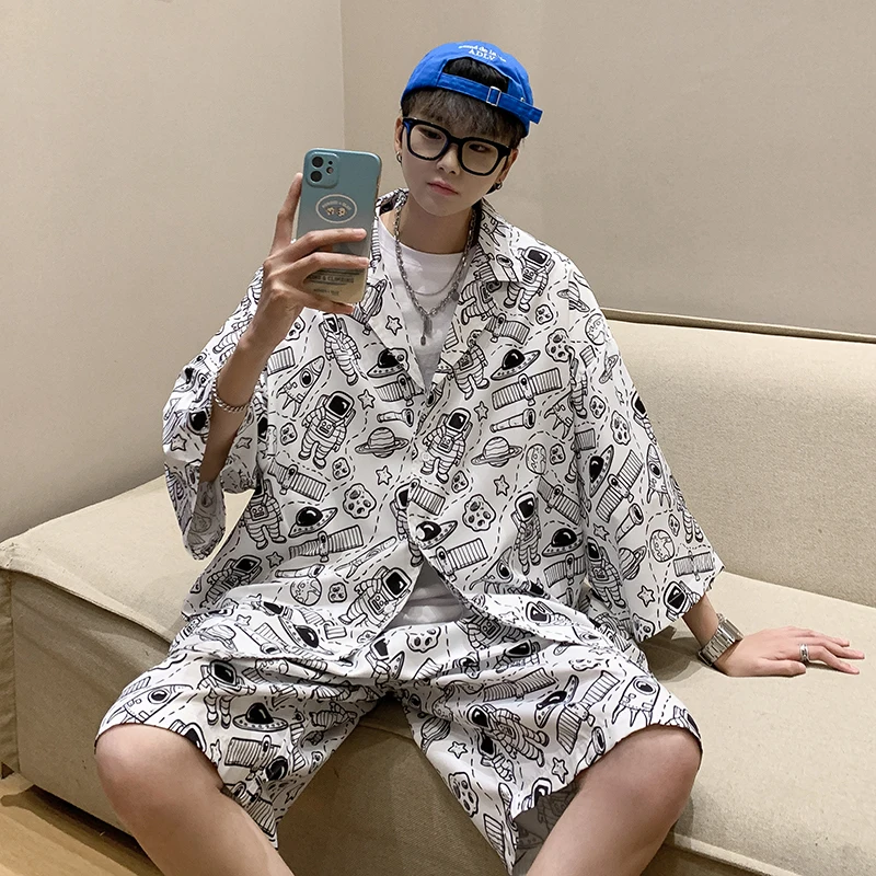 

Casual Summer Shirt And Shorts Set for Men Short Sleeve High Street Style Trendy Brand Couple Two Piece Suit Teenager Fashion