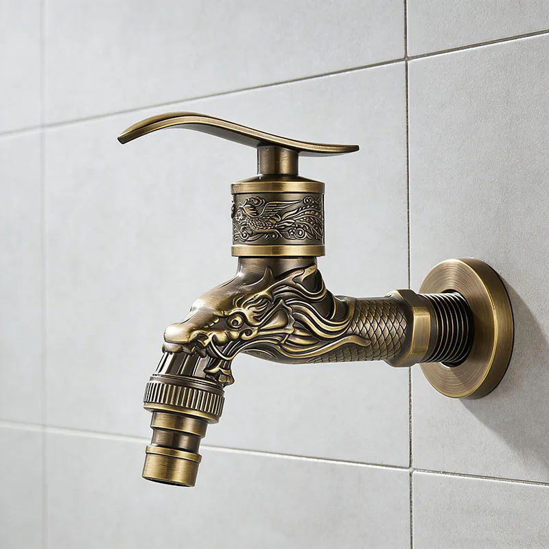 Antique European Wall Mounted Retro Faucet - Single Cold Mop Pool Tap, Engraved Zinc Alloy Universal Design、