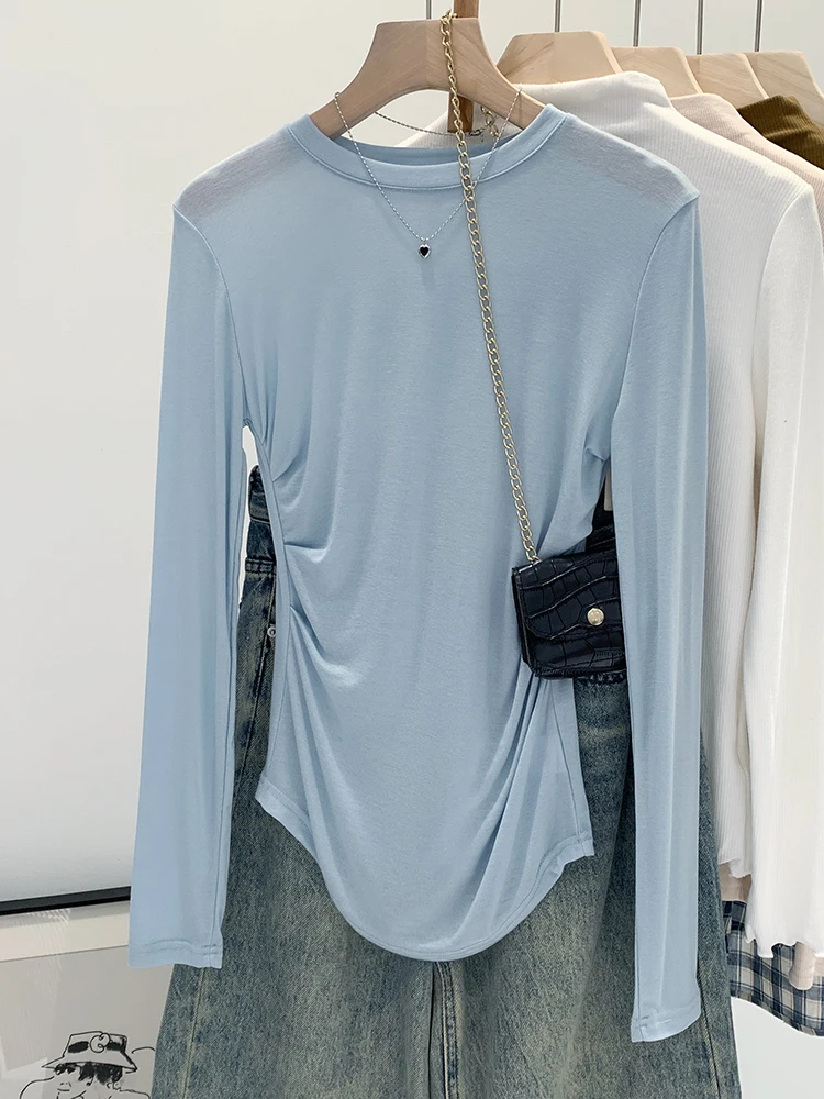 Women's Slim Fit Long Sleeve T-Shirt Silk Wool Base Layer Shirt Autumn Winter High End Feeling Can Be Worn outside Top