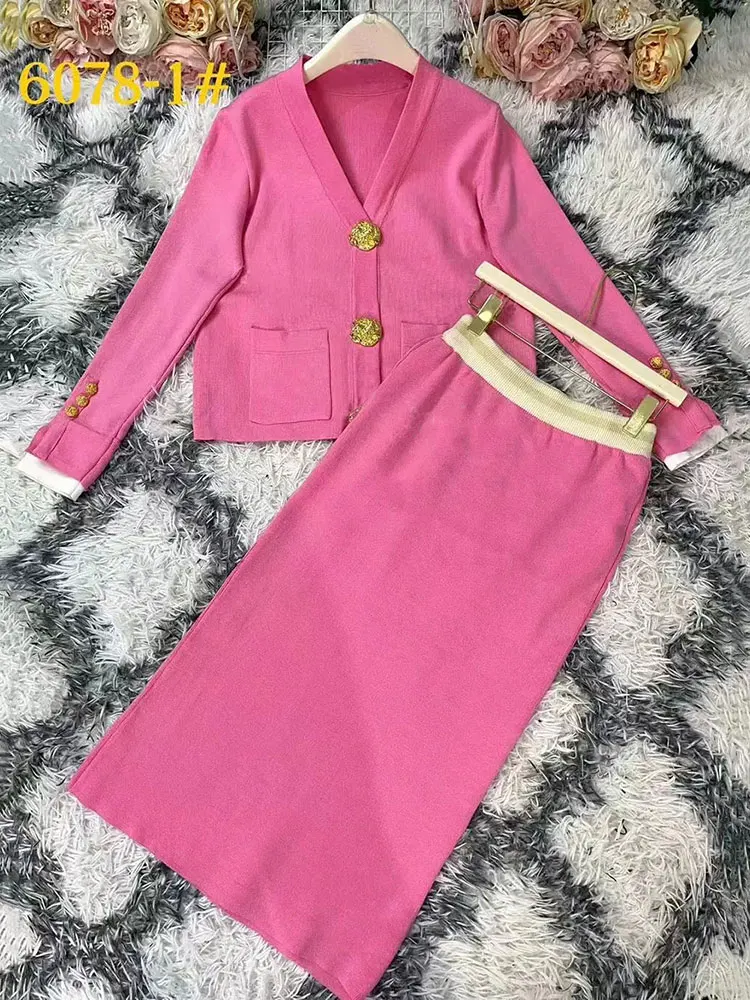 Conjunto casual de malha para mulheres, decote em v, manga comprida, cardigã de peito único, saia midi, conjunto de 2 peças