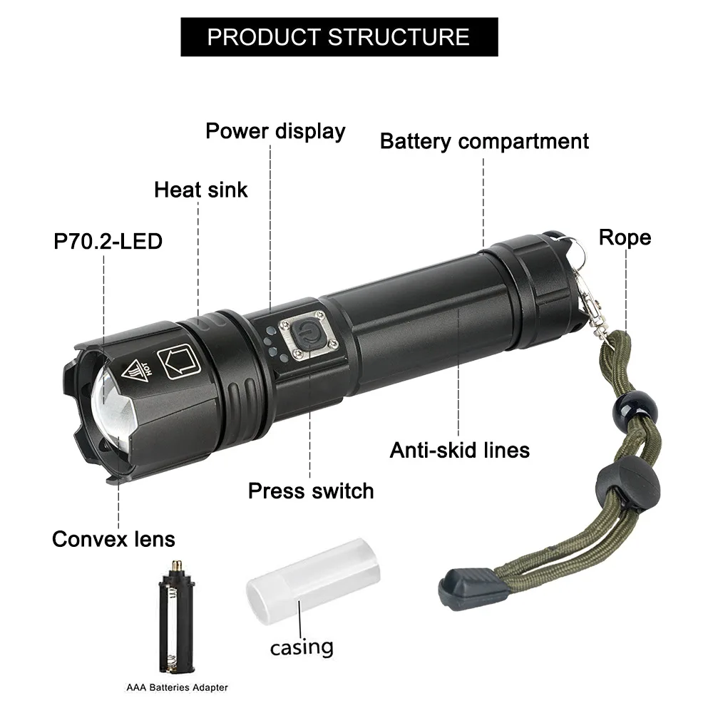 Super bright flashlight, LED aluminum alloy material, long-range waterproof, 5V, USB charging outdoor P-70 flashlight