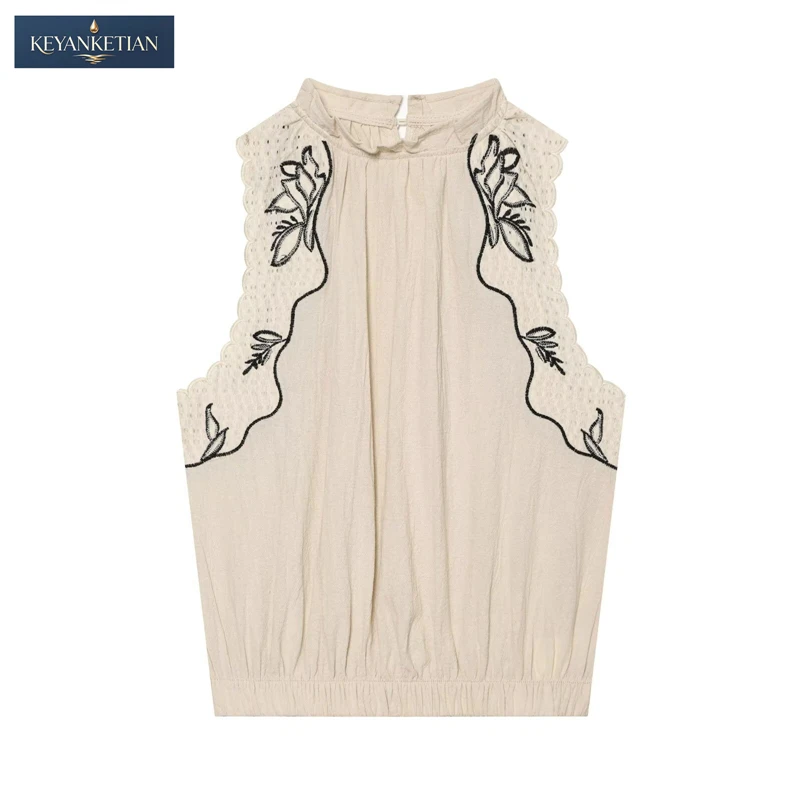KEYANKETIAN 2026 Summer Boho Vacation Floral Embroidered Halter Top Slim Fit Scalloped Lace Trim Elastic Hem Sleeveless Vest